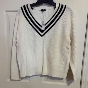 Talbots Cream V-Neck Sweater with Black Stripes